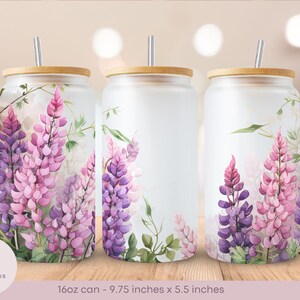 Lupins - Watercolor Style - Frosted Glass Libbey Can Wrap - 16oz - PNG - Digital Sublimation Design - Instant Download