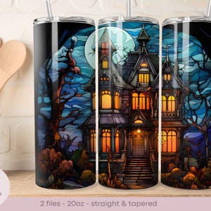 Spooky House - Stained Glass Design - 20oz Tumbler Wrap - Straight and Tapered - Digital Sublimation Design - Instant Download
