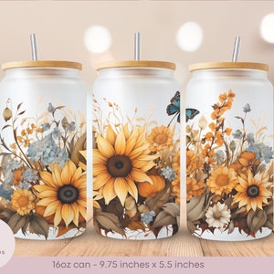 Sunflowers - Watercolor Style - Frosted Glass Libbey Can Wrap - 16oz - PNG - Digital Sublimation Design - Instant Download