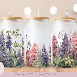 Lupins - Watercolor Style - Frosted Glass Libbey Can Wrap - 16oz - PNG - Digital Sublimation Design - Instant Download