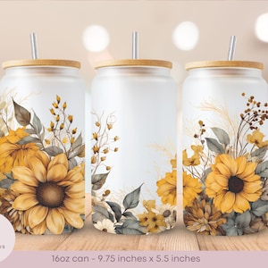 Sunflowers - Watercolor Style - Frosted Glass Libbey Can Wrap - 16oz - PNG - Digital Sublimation Design - Instant Download
