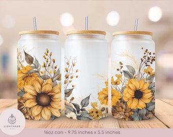 Tournesols - Style Aquarelle - Libbey peut envelopper en verre dépoli - 16 oz - PNG - Design numérique par sublimation - téléchargement immédiat