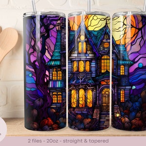 Spooky House - Stained Glass Design - 20oz Tumbler Wrap - Straight and Tapered - Digital Sublimation Design - Instant Download