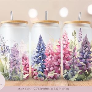 Lupins - Watercolor Style - Frosted Glass Libbey Can Wrap - 16oz - PNG - Digital Sublimation Design - Instant Download