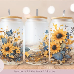 Sunflowers - Watercolor Style - Frosted Glass Libbey Can Wrap - 16oz - PNG - Digital Sublimation Design - Instant Download