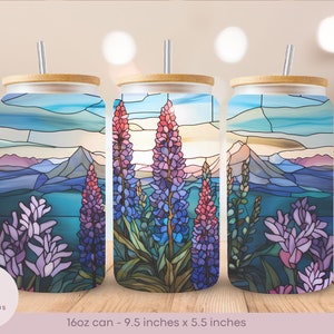 Lupins - Stained Glass Style - Frosted Glass Tumbler Wrap - 16oz - PNG - Digital Sublimation Design - Instant Download
