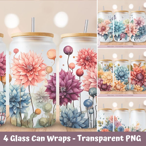 4x Dahlias - Watercolor Style - Frosted Glass Libbey Can Wrap - 16oz - PNG - Digital Sublimation Design - Instant Download