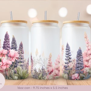 Lupins - Watercolor Style - Frosted Glass Libbey Can Wrap - 16oz - PNG - Digital Sublimation Design - Instant Download