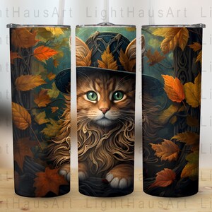 Painted cat with a witch&#39;s hat Fall theme - 20oz Tumbler Wrap - Digital Sublimation Design - Instant Download