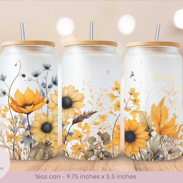 Sunflowers - Watercolor Style - Frosted Glass Libbey Can Wrap - 16oz - PNG - Digital Sublimation Design - Instant Download