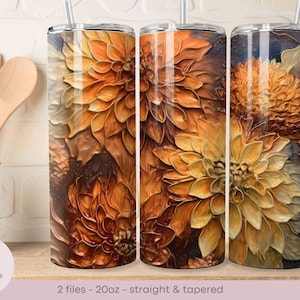 3D Dahlias - Copper Metal Design - 20oz Tumbler Wrap - Straight and Tapered - Digital Sublimation Design - Instant Download