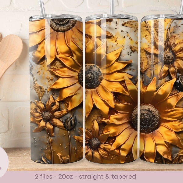 3D Sunflowers - Copper Metal Design - 20oz Tumbler Wrap - Straight and Tapered - Digital Sublimation Design - Instant Download