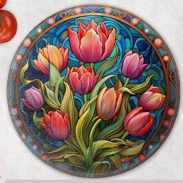 Tulips - Stained Glass Style - Cutting Board Design - 12 inch - Digital Sublimation Design - Instant Download