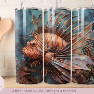 Peixe-leão 3D - Design de metal de cobre - Envoltório de copo de 20 onças e 30 onças - Reto e cônico - Design de sublimação digital - Download instantâneo