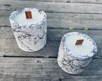 Set of 2 - White Marble Concrete Candle with Bamboo Wick - FRASE FIR SCENTED (3 & 4 Inches)