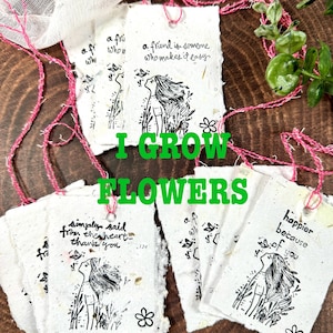 Gift tags, plantable seed paper, 10 tags, Handmade and Handstamped Recycled Paper, colourful flowers