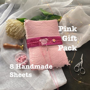 Handmade Pink Paper Gift Pack, 8 assorted pink ephemera notecards, thank you letters, invitations. Homemade paper, rustic paper, sample pack
