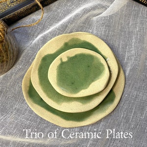 Trio of ceramic plates or serving dishes. Stackable nesting set, occasional set, Bohemian or Hamptons Beachhouse style. Ready to ship.