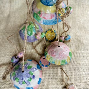 Wind chime ceramic clay bell, hanging garland. Colourful hanging ornament. Eclectic, boho hippy mobile. Cute Christmas gift, pottery hanging