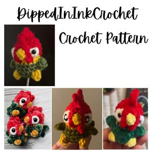 May include: Crochet pattern image featuring a red, yellow, and green bird-like creature. The text "DippedInInkCrochet Crochet Pattern" is displayed above the images. The creature has large white eyes and is made of yarn.