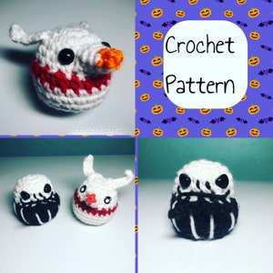 May include: Crochet pattern for a Halloween-themed amigurumi toy. The pattern includes instructions for making a white and red Jack Skellington character and a black and white Zero character.