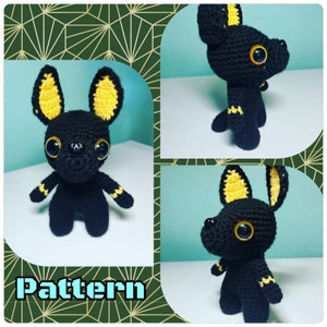 May include: Crochet pattern for a black and yellow Anubis amigurumi. The pattern includes instructions for making the dog's head, body, legs, and tail. The pattern is written in English.