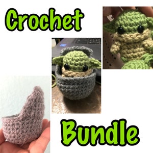 May include: Crochet bundle featuring a green and brown crocheted baby Yoda character in a grey crocheted egg-shaped pod, a green and brown crocheted baby Yoda character, and a grey crocheted egg-shaped pod.