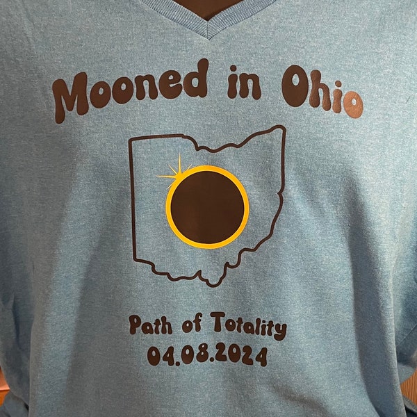 Ohio Path of Totality, Full Solar Eclipse, 2024, Mooned in Ohio, Original Design, Ladies V-neck or Crew T-Shirt