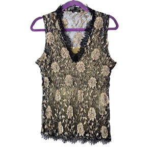 Y2K Babydoll Top Sz M Sheer Floral Gold Black Whimsygoth Fairy Grunge Lace Mesh