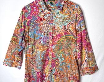 Lauren Ralph Lauren Tunic Top 3X Button 100% Cotton Print 3XL Lightweight Preppy