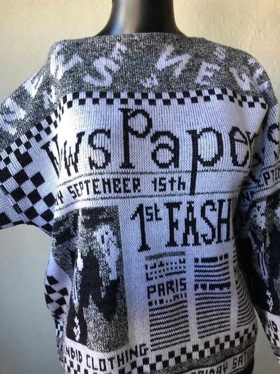 Newspaper Vintage 1980s Black and White Sweater