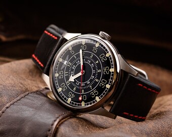 Raketa Aviator Reloj soviético negro de 38 mm, reloj mecánico vintage de la URSS de la década de 1960 para hombres, esfera de estilo militar del ejército y correa de reloj de 20 mm de cuero