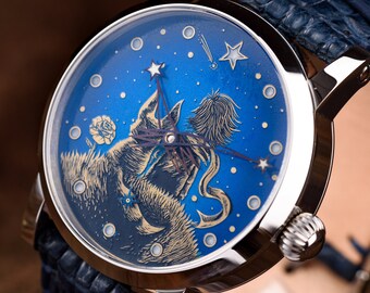 Kleiner Prinz Kundenspezifische mechanische Uhr für Männer, moderne handgefertigte Uhr Le Petite Prince blaues Zifferblatt, wasserdichte, stoßfeste einzigartige Uhr
