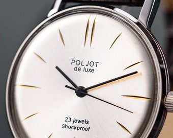 Reloj soviético vintage Poljot De Luxe 35 mm, reloj mecánico Poljot de la URSS de la década de 1980, esfera blanca plateada delgada y elegante, caja de acero inoxidable