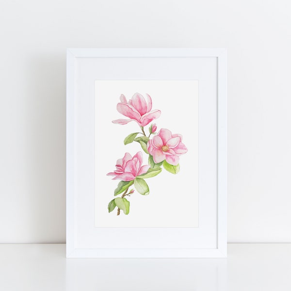 Pink Magnolia Branch Watercolor Painting, Magnolia Flower Painting, Floral Wall Art, Magnolia Art print, Pink Magnolia Flower