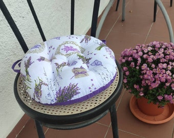Pillow on a Chair, Round, Lavender, with Ties, Tufted, Seat Pad, Outdoor Seat Cover, Dining Chair Cushion, Round Patio Cushions, Cushion Pad