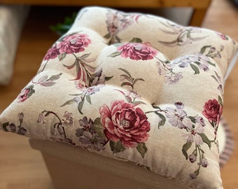 Chair Cushion with Ties, Floral, Roses, Tufted, Seat Cushion, Chair Cushion, Outdoor, Indoor, Seat Pad, Kitchen Chair Pads, Seat Cover