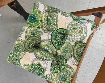 Chair Pillow Green Pattern, Outdoor Pillow, Indoor, Tufted, Seat Cushion, Chair Cushion, Pillow For Chair, Chair Pad, Stool Cushion with Tie