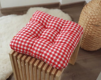 Chair Cushion, Red Gingham, Square Pad, Bistro Chair Pads, Handmade Chair Cushion, Chair Pad, Seat Pad, Tufted, Kitchen Chair Pads