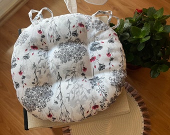 Square Chair Cushion, Flowers Pillow, Red, Pad with Ties, Chair Cushion, Cotton Seat Cushion, Round Chair Cushion, Kitchen Chair Pads