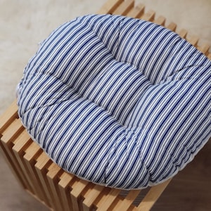 Round Chair Cushion, Blue, Plaid, Pillow with Tie, Soft Pillow, Chair Cushion, Cotton Seat Cushion, Tufted Chair Cushion, Kitchen Pad
