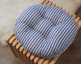 Almofada de cadeira redonda, azul, xadrez, travesseiro com gravata, travesseiro macio, almofada de cadeira, almofada de assento de algodão, almofada de cadeira tufada, almofada de cozinha