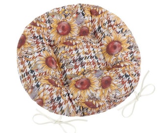 Round Chair Cushion with Ties, Indoor Seat Cover, Outdoor Chair Cushion, Round Chair Pad, Floral Pad, Kitchen Chair Cushion, Sunflower