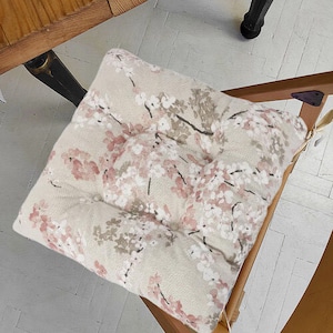Square Chair Cushion with Ties, Floral Cushion, Square Pad, Kitchen Chair Pads, Dining Chair Cushion, Bistro Chair Pads, Tufted, Bar Pad