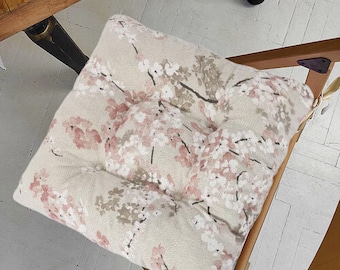 Square Chair Cushion with Ties, Floral Cushion, Square Pad, Kitchen Chair Pads, Dining Chair Cushion, Bistro Chair Pads, Tufted, Bar Pad