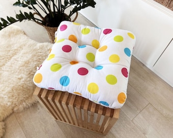 Chair Cushion with Ties, Colorful Dots, Indoor Pillow, Seat Pad, Tufted, Seat Cushion, Seat Patio Cushion, Chair Cushion, Pillow for Chair