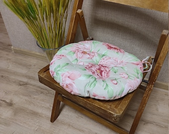 Round Chair Pad with Ties, Peonies, Floral Cushion, Tufted, Outdoor Seat Cover, Dining Chair Cushion, Round Patio Cushions, Cushion Pad