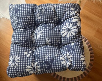 Chair Cushion with Ties, Floral, Blue Gingham, Square, Seat Cushions, Pillow for Chair, Chair Pad, Kitchen Chair Pads, Seat Cover, Round