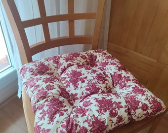 Chair Cushion With Ties, Floral, Red, Dining Chair Cushion, Square Patio Cushion, Tufted Chair Cushion, Indoor Seat Cover, Outdoor Chair Pad