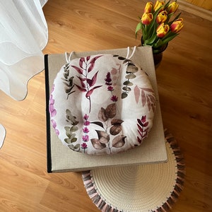 Round Chair Cushion, Floral Print, Chair Cushion, Seat Cushion with Ties, Kitchen Chair Cushion, Round Patio Cushions, Round Pad, Tufted